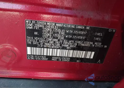 2020 Toyota Rav4 Le from USA, damaged, VIN 2T3F1RFV6LW095873